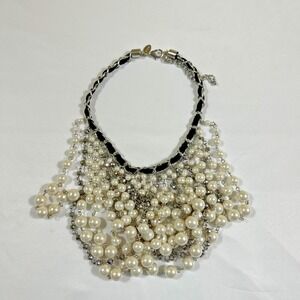 Chico's Silver Tone Faux Pearl Layered Bib Statement Necklace Chunky Chain